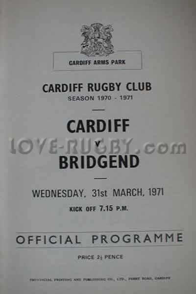 1971 Cardiff v Bridgend  Rugby Programme